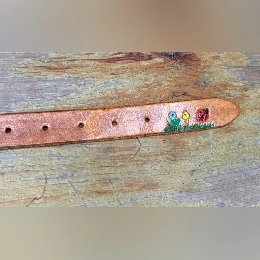 Hand Tooled & Painted Leather Belt Flower Bunny Deer Butterfly Ladybug Mushroom